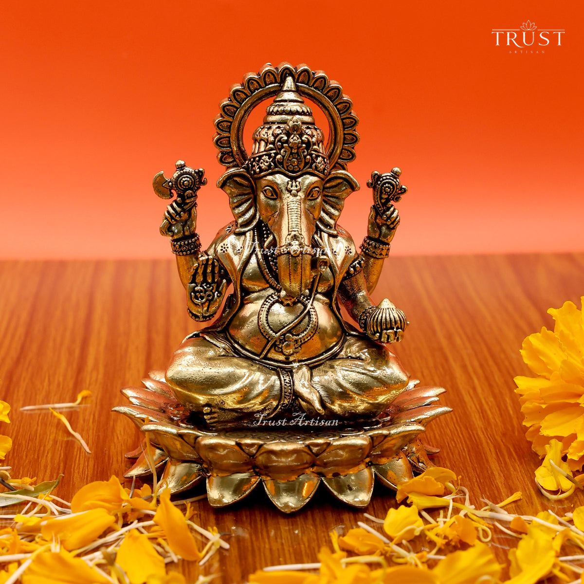 Handcrafted Brass Lord Ganesha Statue | Seated Ganesh Idol on Lotus Base for Pooja, Home Temple & Spiritual Décor