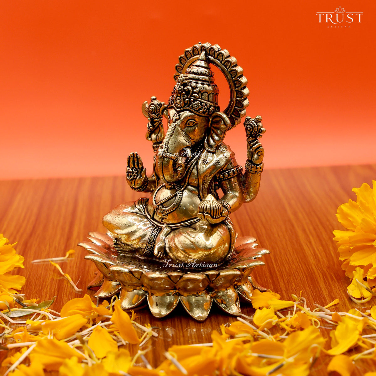 Handcrafted Brass Lord Ganesha Statue | Seated Ganesh Idol on Lotus Base for Pooja, Home Temple & Spiritual Décor
