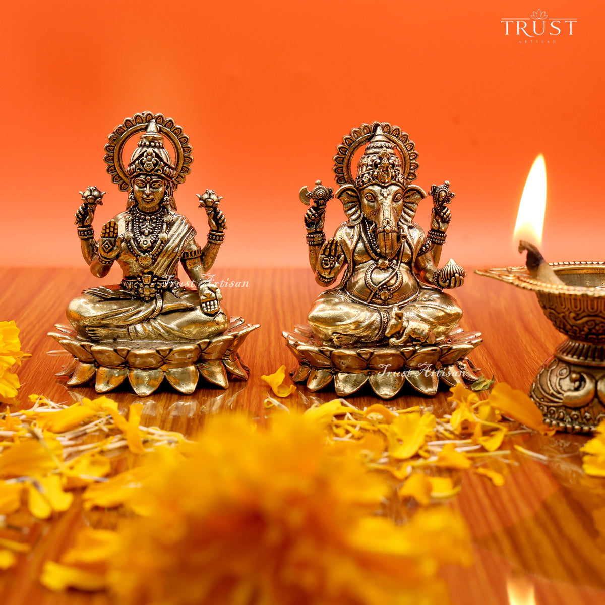 Handcrafted Brass Laxmi Ganesh Statue Set | Goddess Lakshmi & Lord Ganesha Idols on Lotus Base for Pooja, Home Temple & Diwali Décor