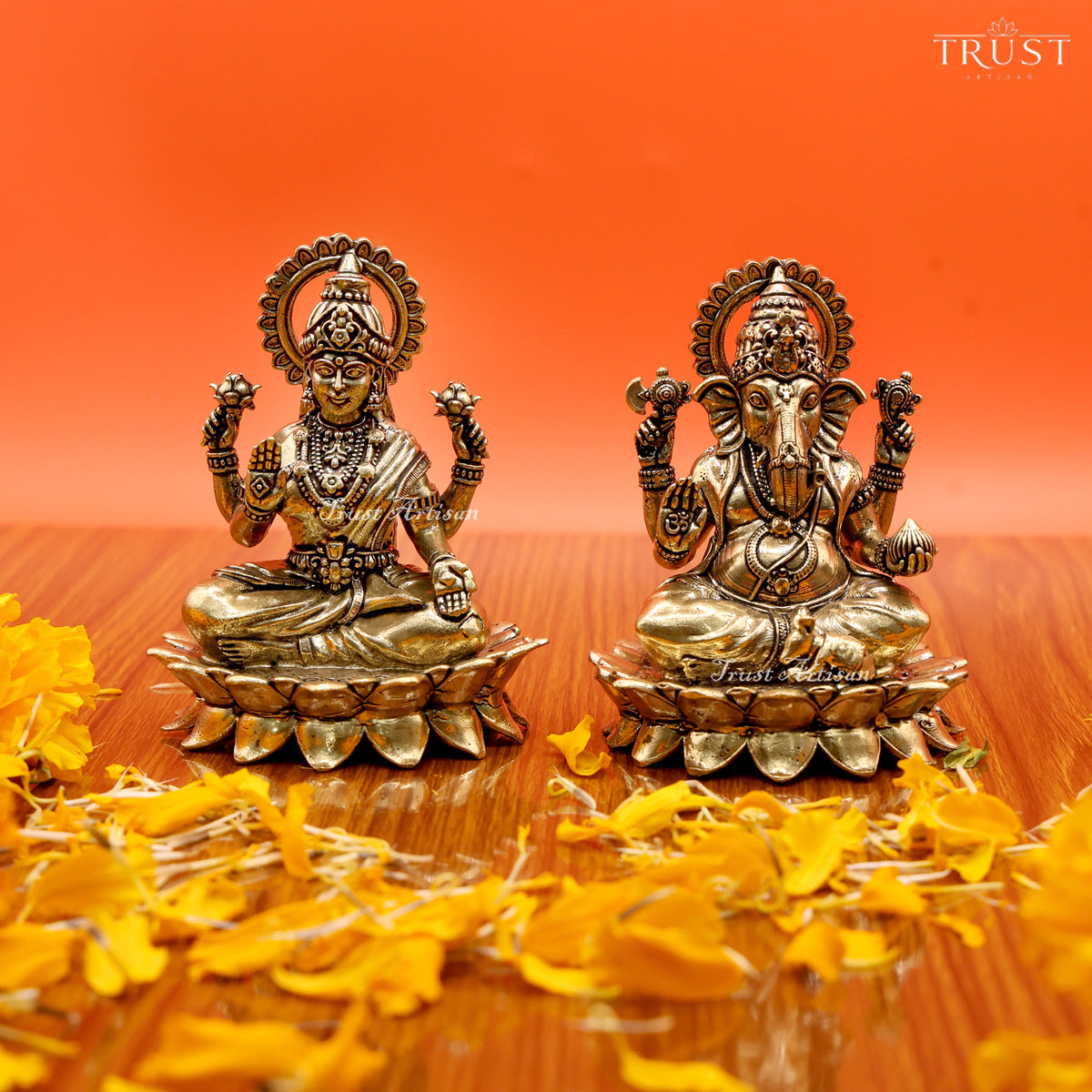 Handcrafted Brass Laxmi Ganesh Statue Set | Goddess Lakshmi & Lord Ganesha Idols on Lotus Base for Pooja, Home Temple & Diwali Décor