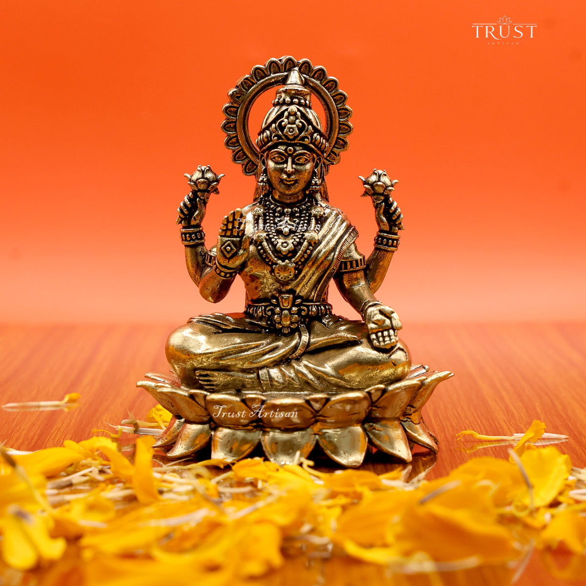 Handcrafted Brass Goddess Lakshmi Statue | Seated Idol on Lotus Base for Pooja, Home Temple & Spiritual Décor