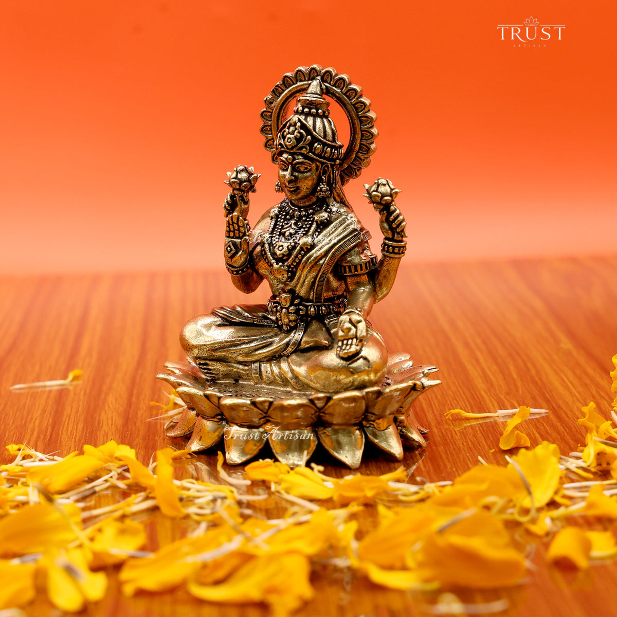 Handcrafted Brass Goddess Lakshmi Statue | Seated Idol on Lotus Base for Pooja, Home Temple & Spiritual Décor