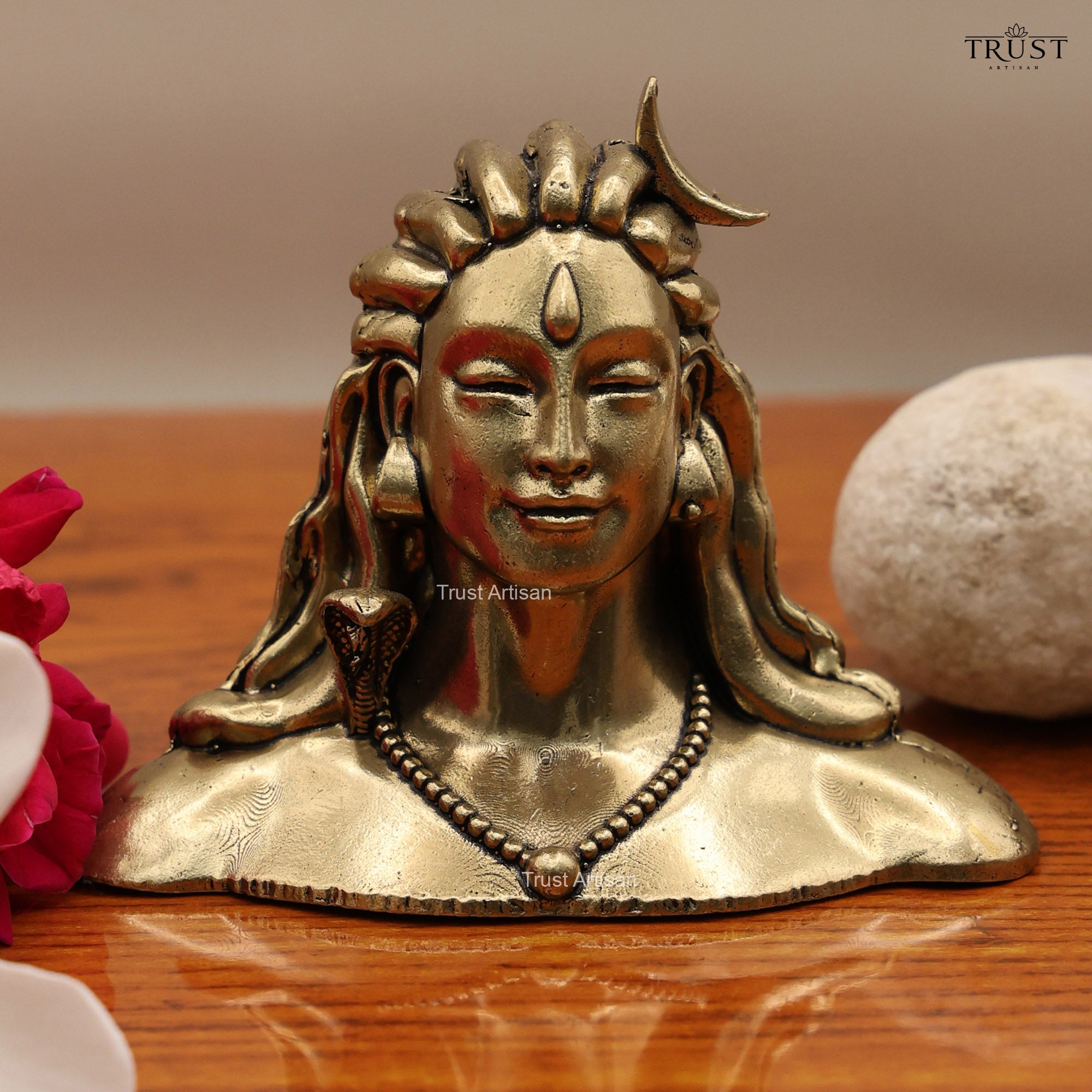 Handcrafted Superfine Brass Shiva Bust 8 CM Statue, Adiyogi Shiva Head Sculpture, Antique Finish Meditation Room Decor.