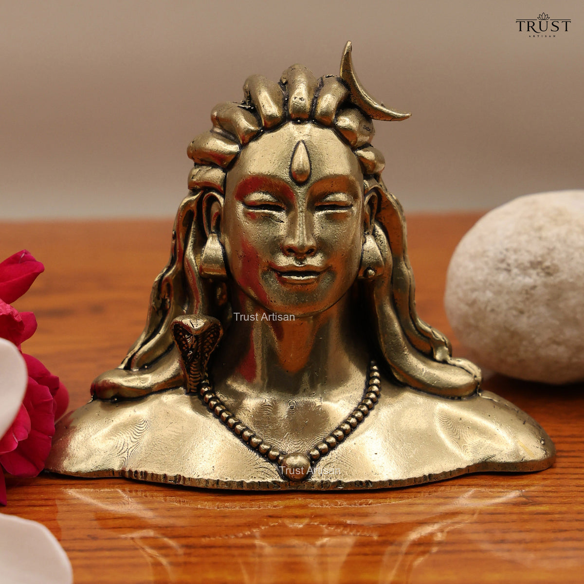 Handcrafted Superfine Brass Shiva Bust 8 CM Statue, Adiyogi Shiva Head Sculpture, Antique Finish Meditation Room Decor.
