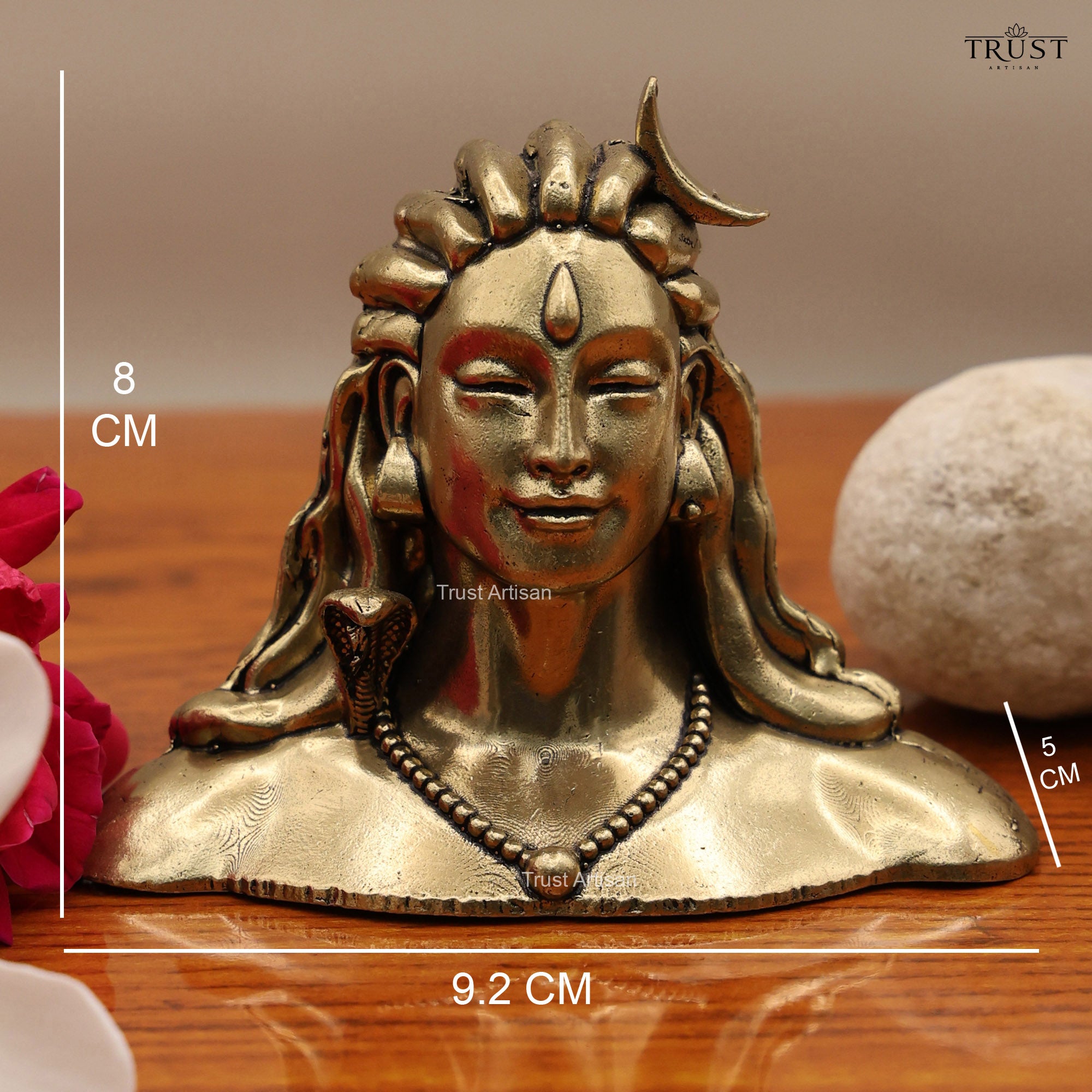 Handcrafted Superfine Brass Shiva Bust 8 CM Statue, Adiyogi Shiva Head Sculpture, Antique Finish Meditation Room Decor.