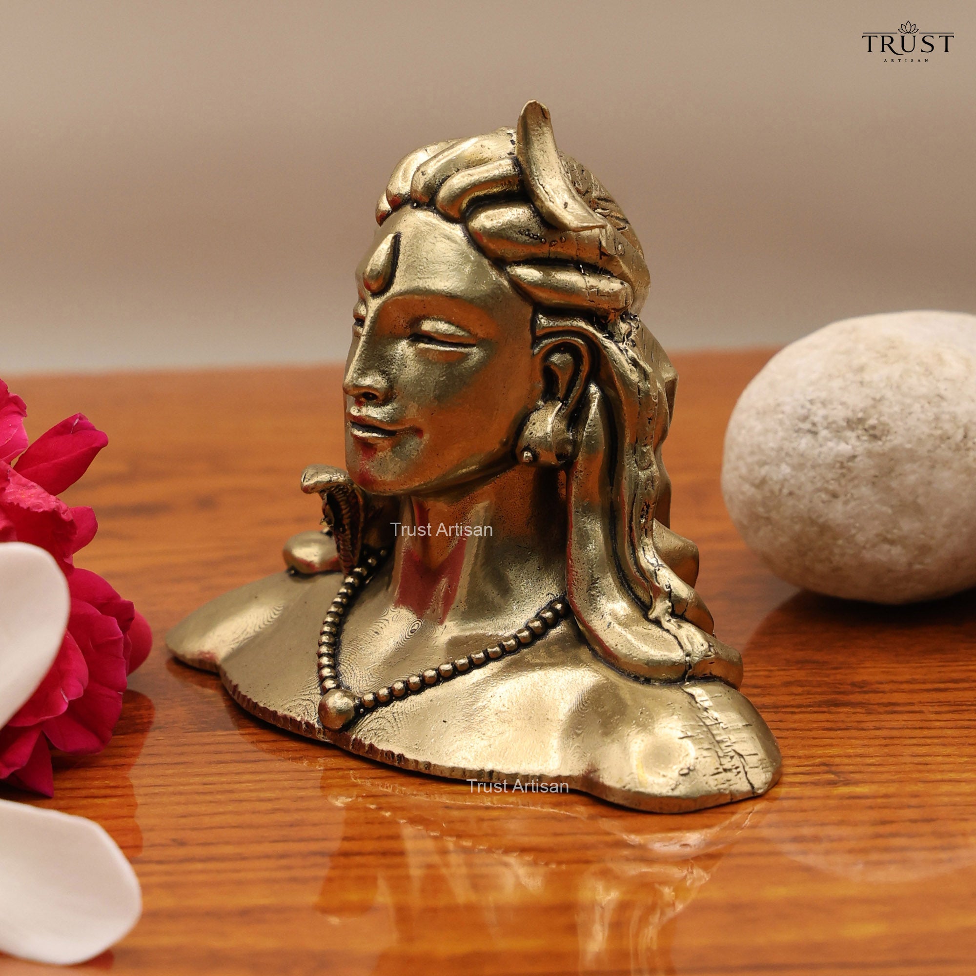 Handcrafted Superfine Brass Shiva Bust 8 CM Statue, Adiyogi Shiva Head Sculpture, Antique Finish Meditation Room Decor.