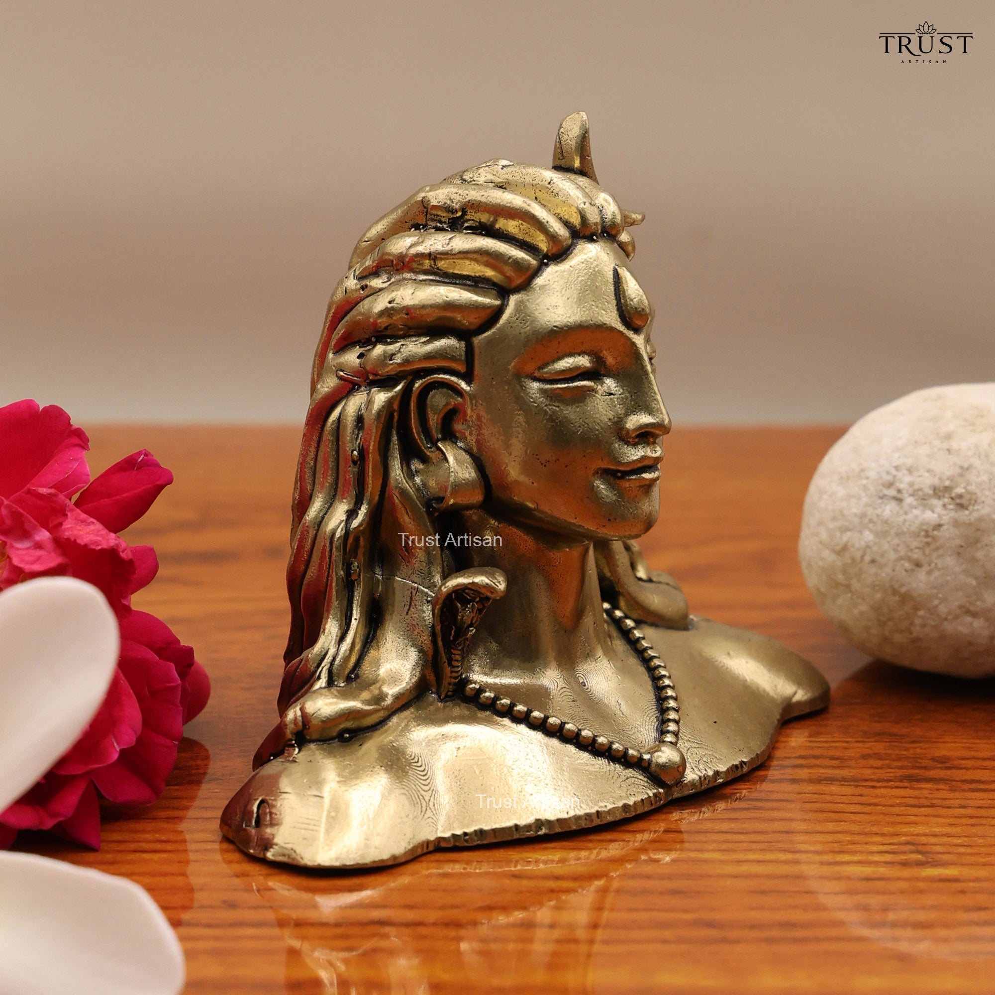 Handcrafted Superfine Brass Shiva Bust 8 CM Statue, Adiyogi Shiva Head Sculpture, Antique Finish Meditation Room Decor.