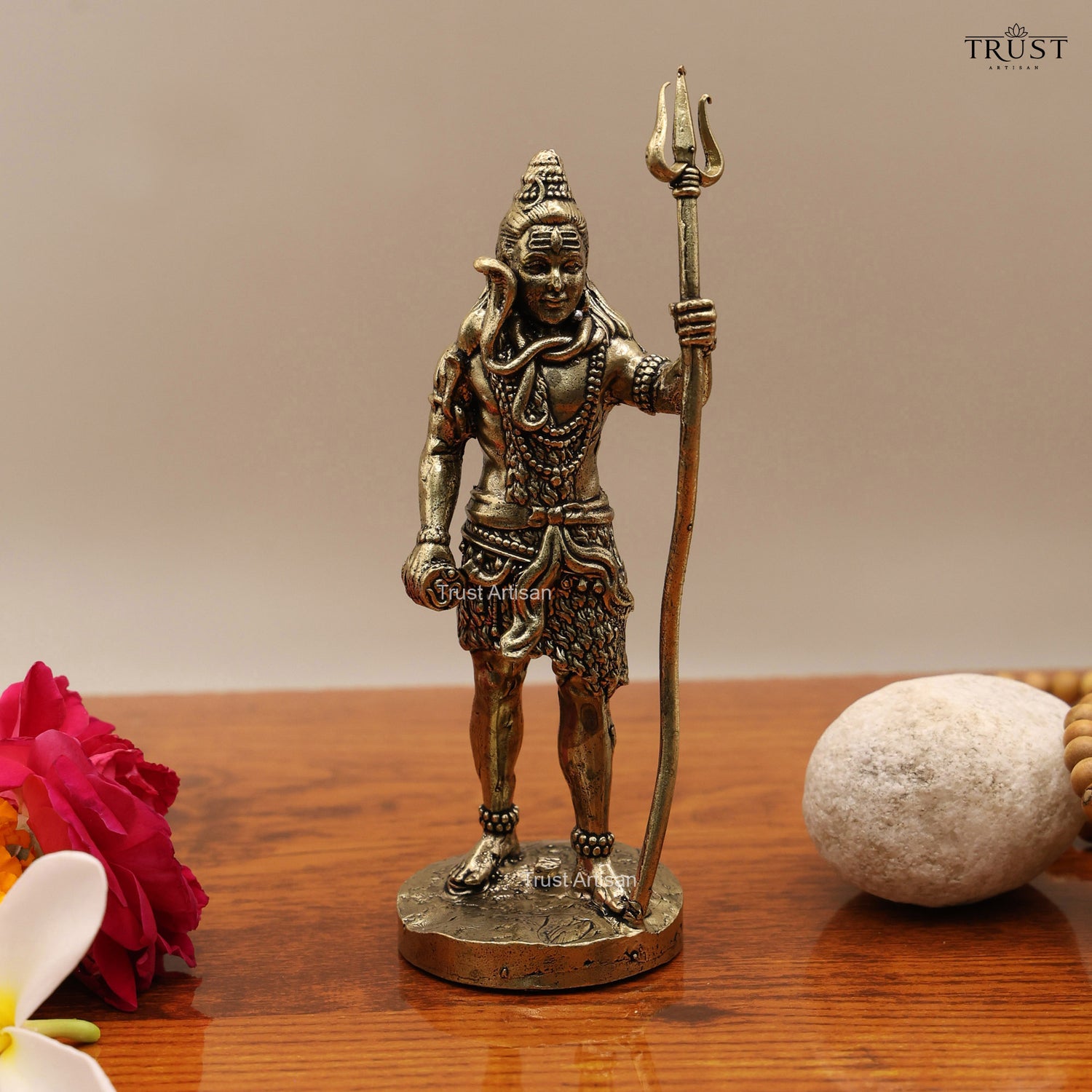Duty free 14 cm Brass Finish Lord Shiva Statue with Trishul, Mahadev Idol for Home Temple, Meditation Altar, Office Desk Decor, Hindu Gift.
