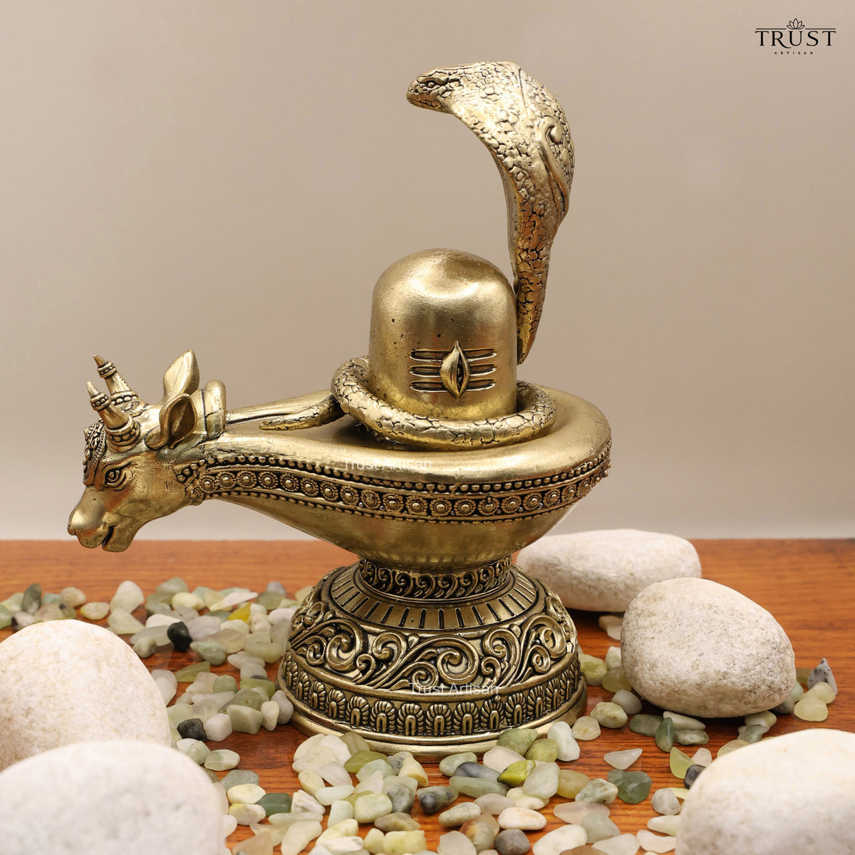 Mini Shivling with Nag & Nandi | 9 cm Antique Brass Finish Shiva Lingam Statue | Mahadev Idol for Home Temple, Pooja, Spiritual Decor
