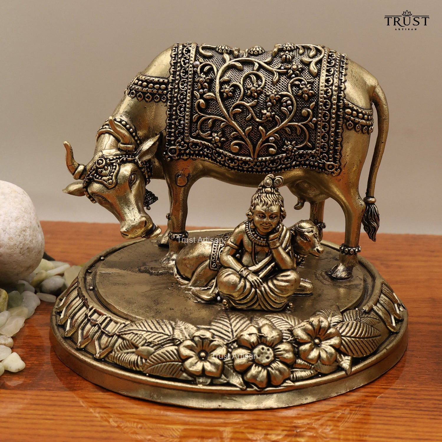 Handcrafted 4.5" Inch Brass Krishna with Cow Idol, Bal Gopal Statue ,Vintage Finish Religious Decor & Spiritual Gift, Krishna with Cow.