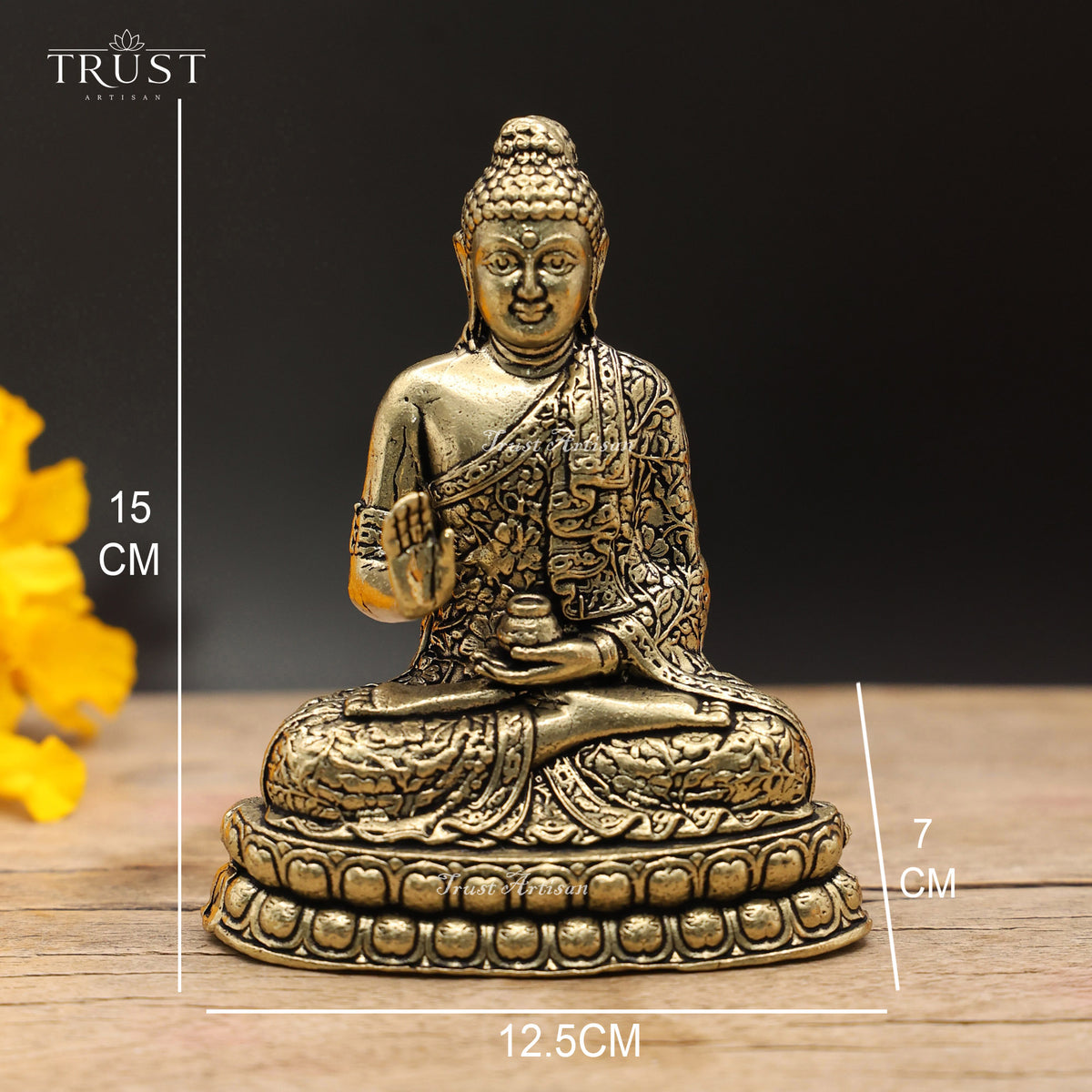 Handcrafted Buddha Blessing Statue with Bowl, Antique Gold Meditation Decor