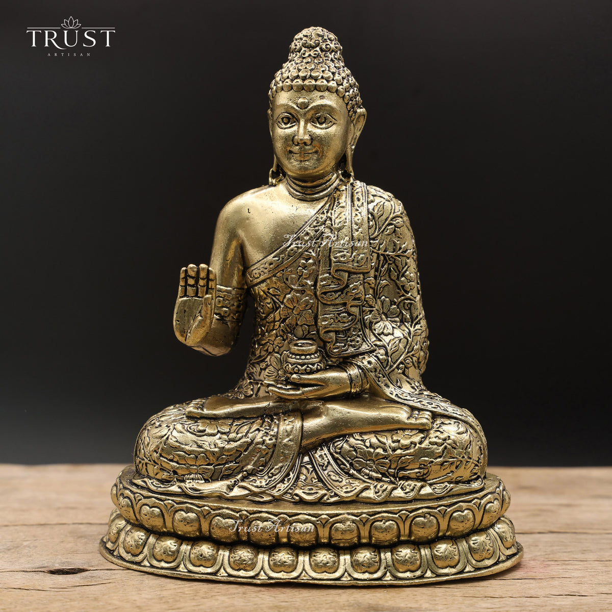 Handcrafted Buddha Blessing Statue with Bowl, Antique Gold Meditation Decor