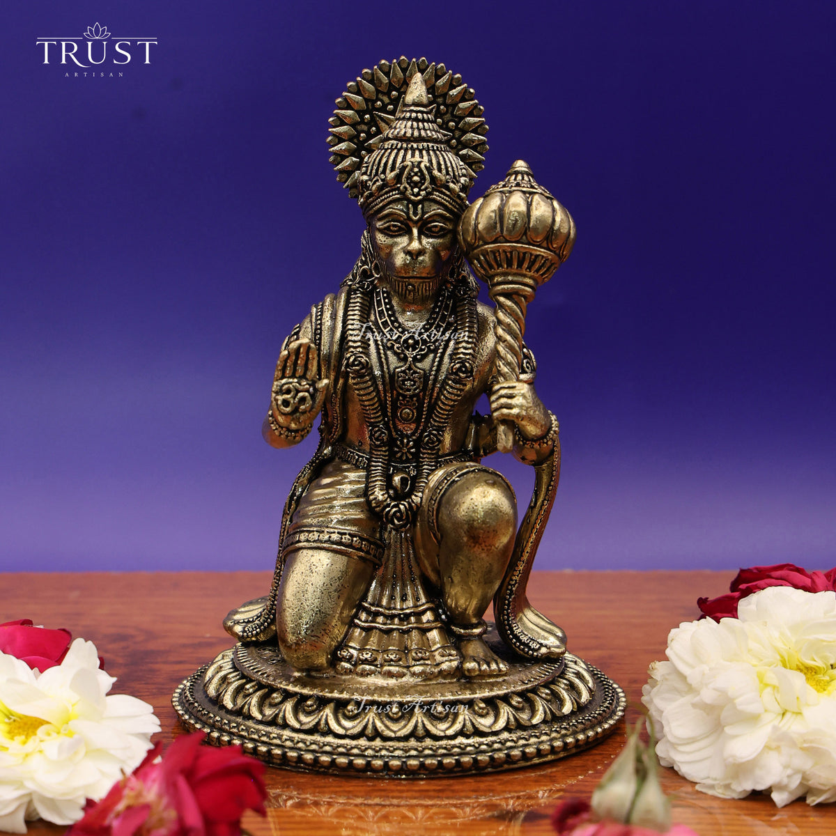 Handcrafted Seated Hanuman Idol with Gada, Antique Gold Hindu Temple Statue