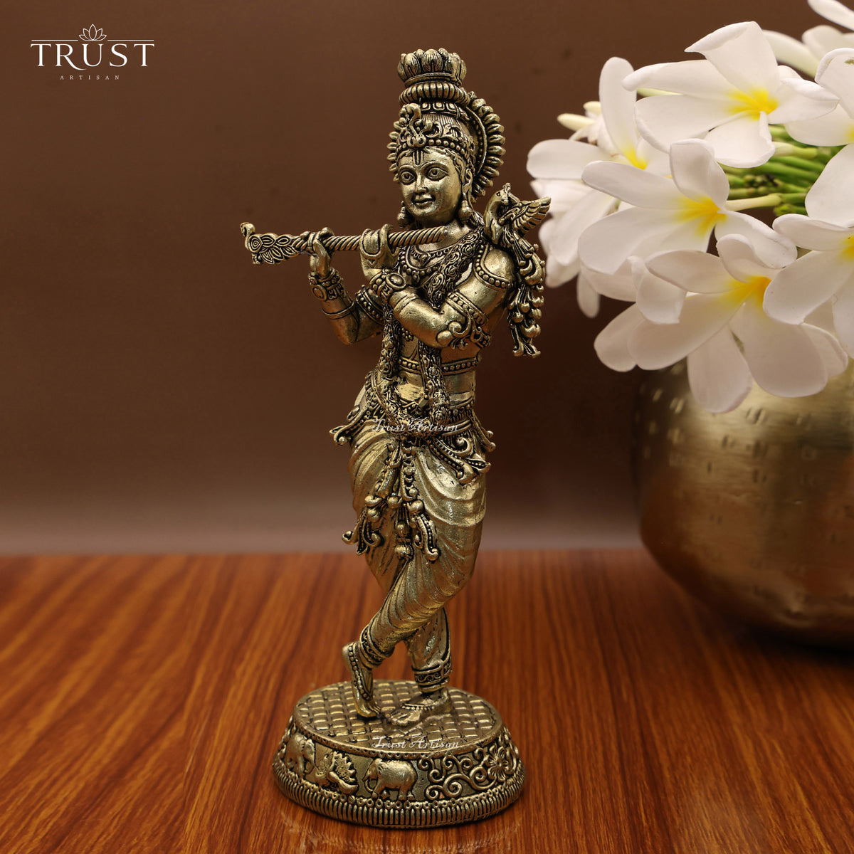 Handmade 7.5" Brass Lord Krishna Statue, Standing Krishna Idol for Home Temple & Spiritual Decor Dancing Krishna Idol for Puja Room Bansuri.