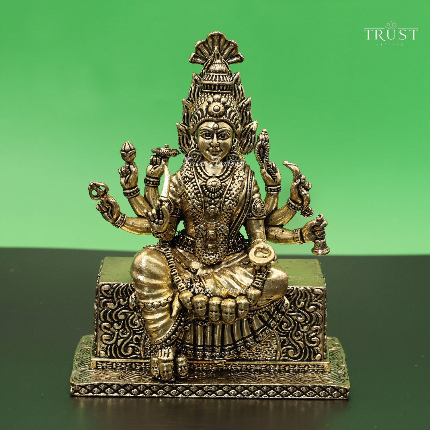 Handcrafted Brass Ashtabhuja Devi Statue | Multi-Armed Goddess Idol Seated on Skull Throne for Pooja, Home Temple & Spiritual Décor