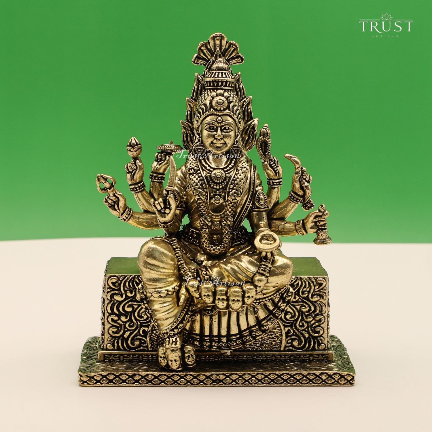 Handcrafted Brass Ashtabhuja Devi Statue | Multi-Armed Goddess Idol Seated on Skull Throne for Pooja, Home Temple & Spiritual Décor