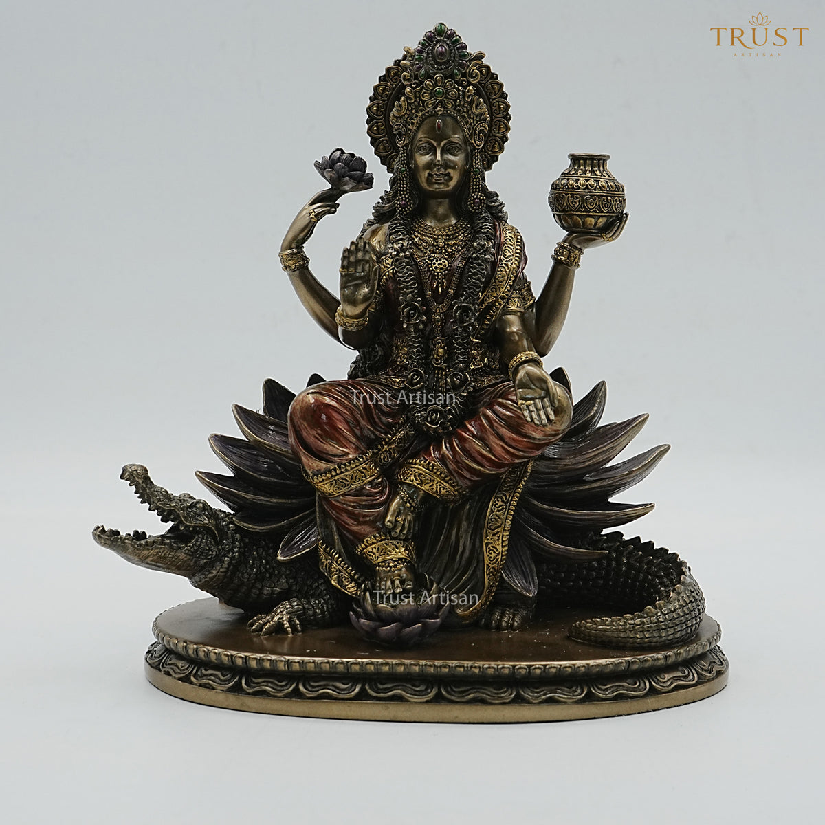 Handcrafted Resin Goddess Ganga Idol – Seated on Makara (Crocodile) with Lotus & Kalash, Antique Bronze Finish for Home Temple