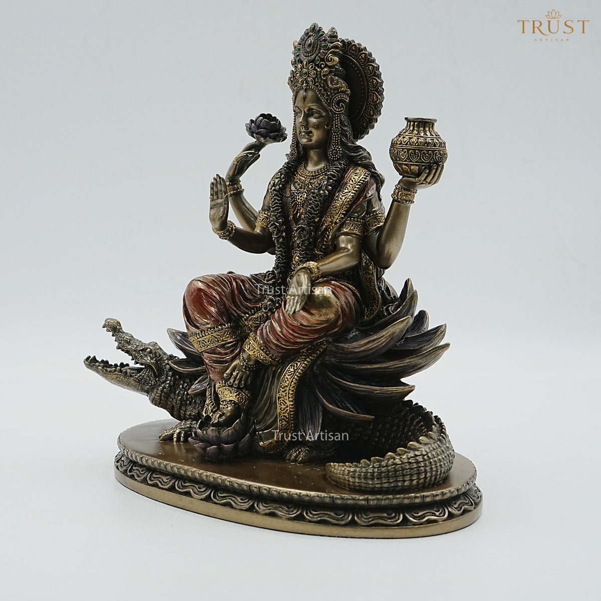 Handcrafted Resin Goddess Ganga Idol – Seated on Makara (Crocodile) with Lotus & Kalash, Antique Bronze Finish for Home Temple