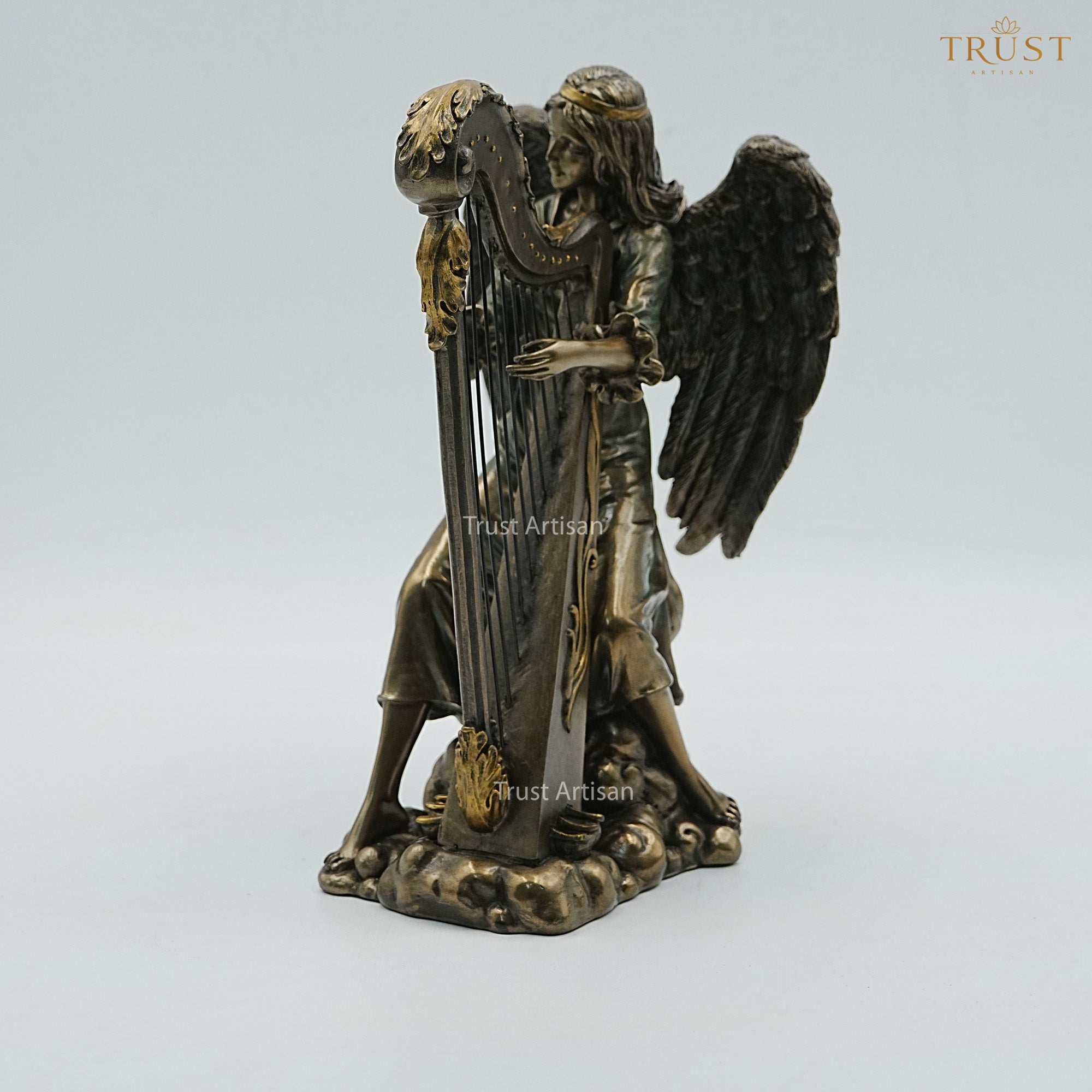 Angel Playing Harp Resin Statue | Winged Angel Figurine Seated on Clouds for Home Décor & Gifting