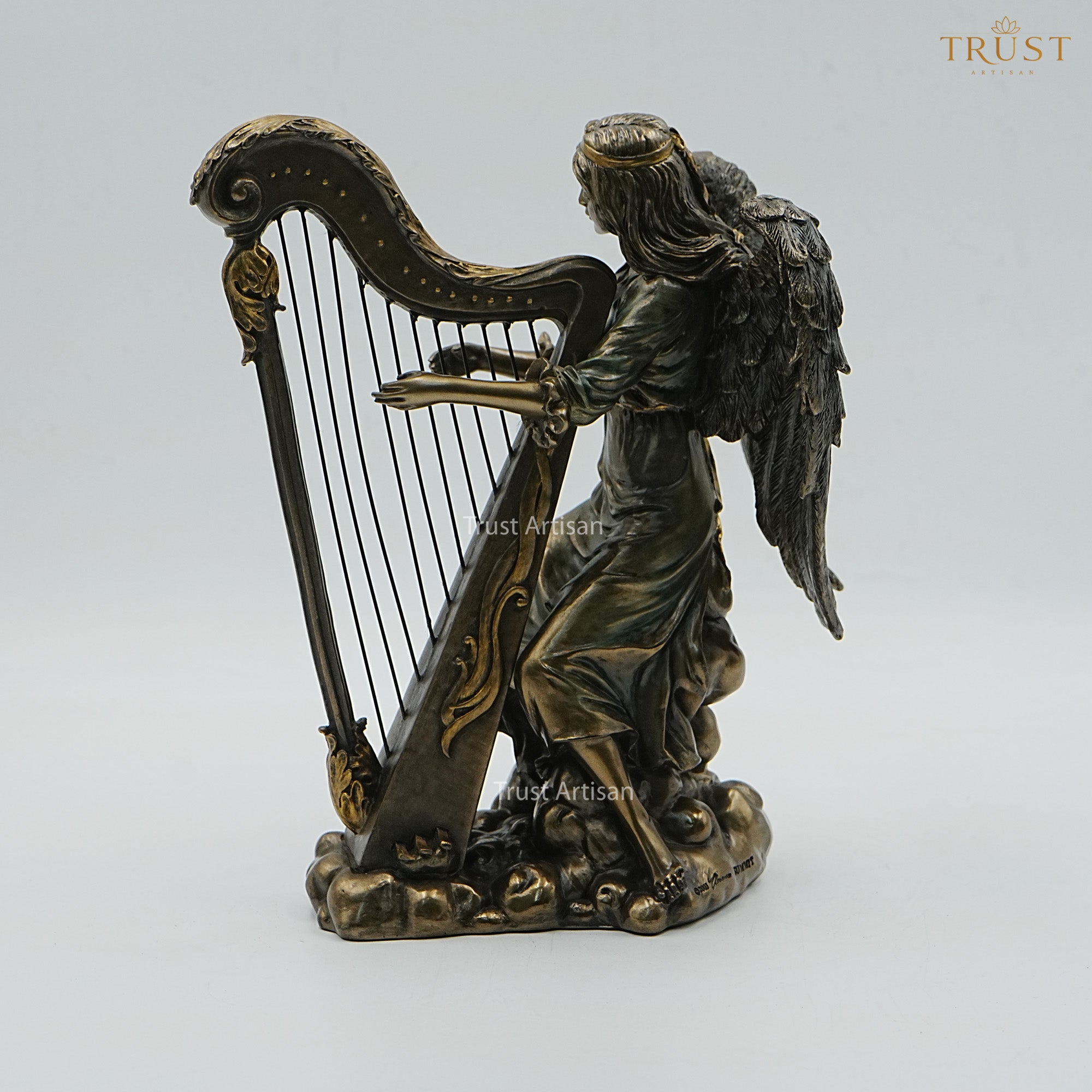 Angel Playing Harp Resin Statue | Winged Angel Figurine Seated on Clouds for Home Décor & Gifting