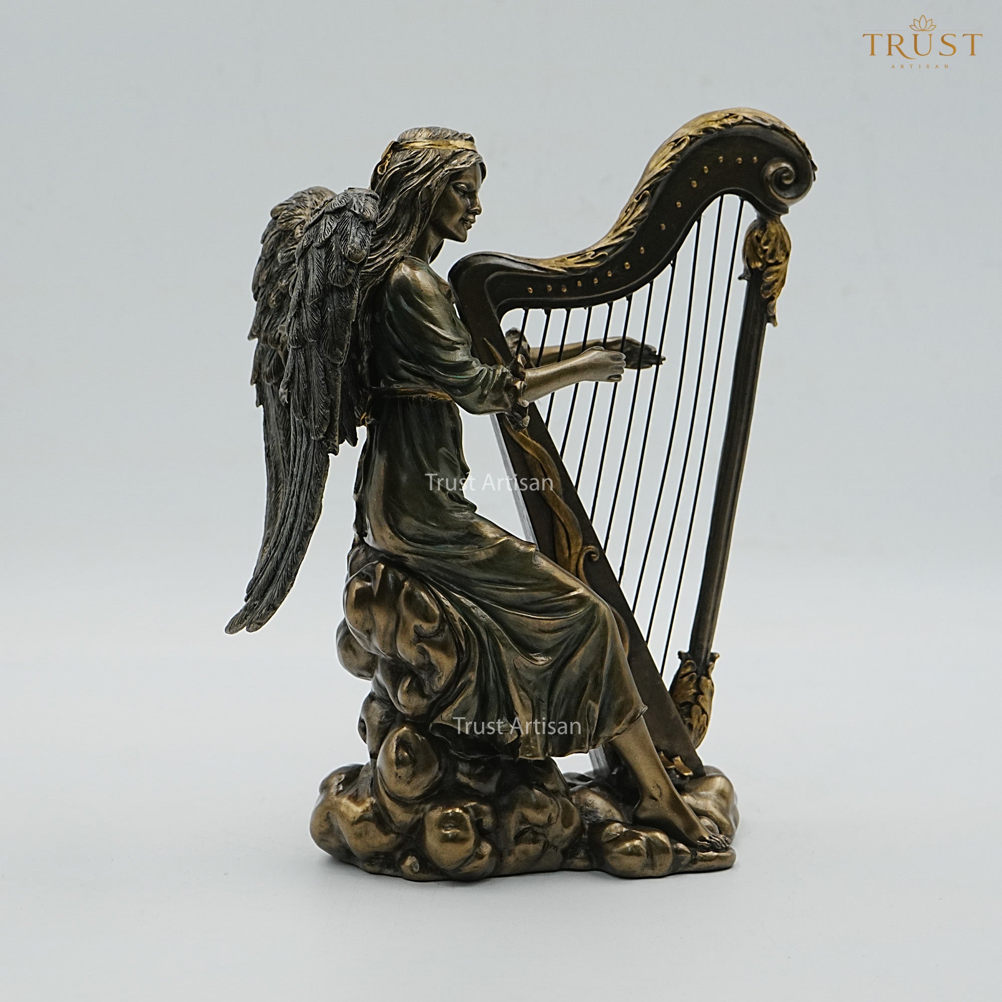 Angel Playing Harp Resin Statue | Winged Angel Figurine Seated on Clouds for Home Décor & Gifting