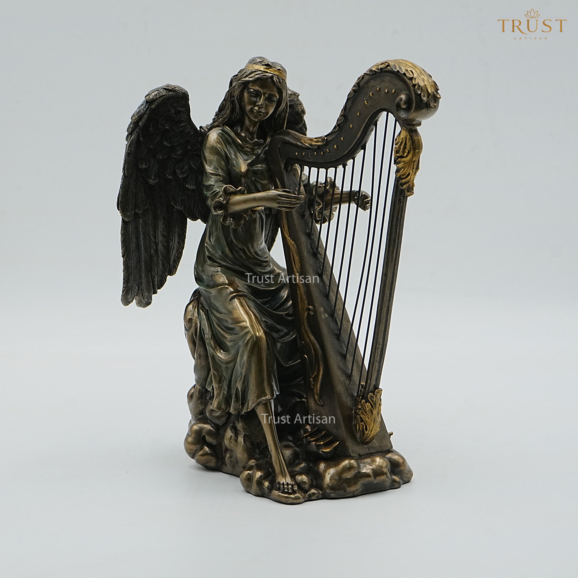 Angel Playing Harp Resin Statue | Winged Angel Figurine Seated on Clouds for Home Décor & Gifting