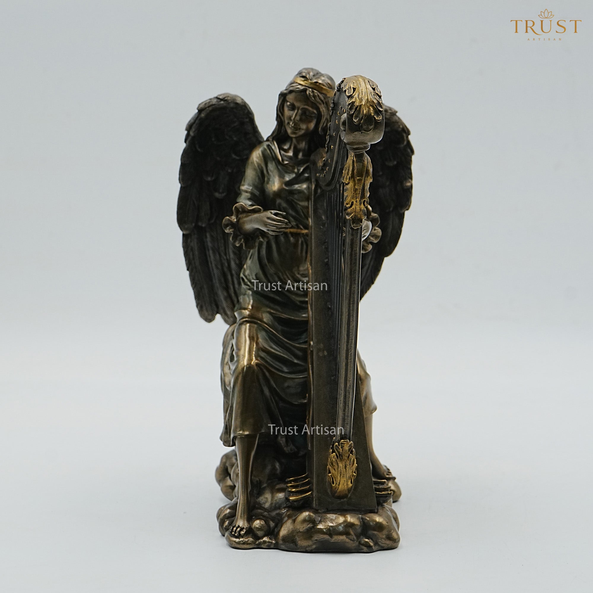 Angel Playing Harp Resin Statue | Winged Angel Figurine Seated on Clouds for Home Décor & Gifting