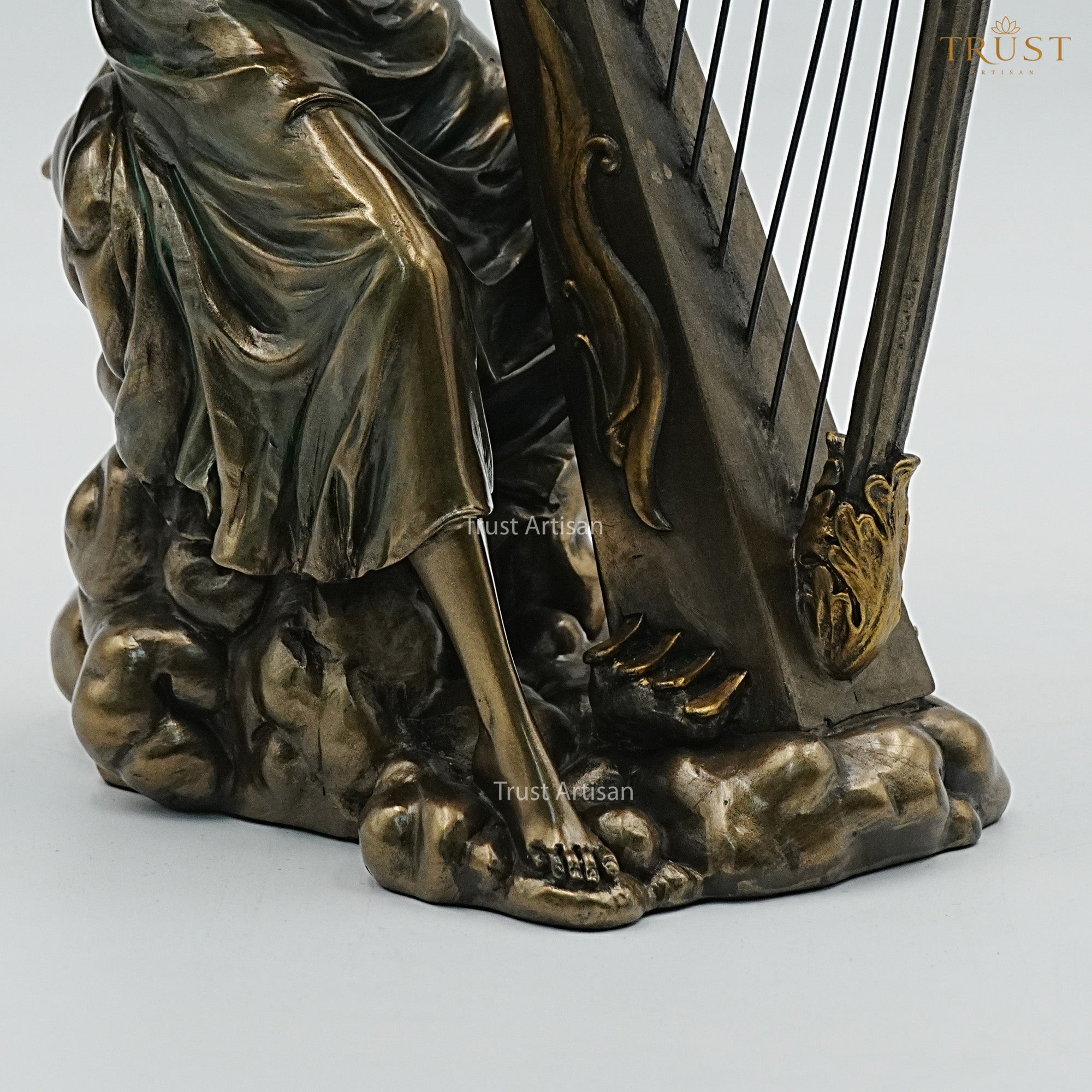Angel Playing Harp Resin Statue | Winged Angel Figurine Seated on Clouds for Home Décor & Gifting