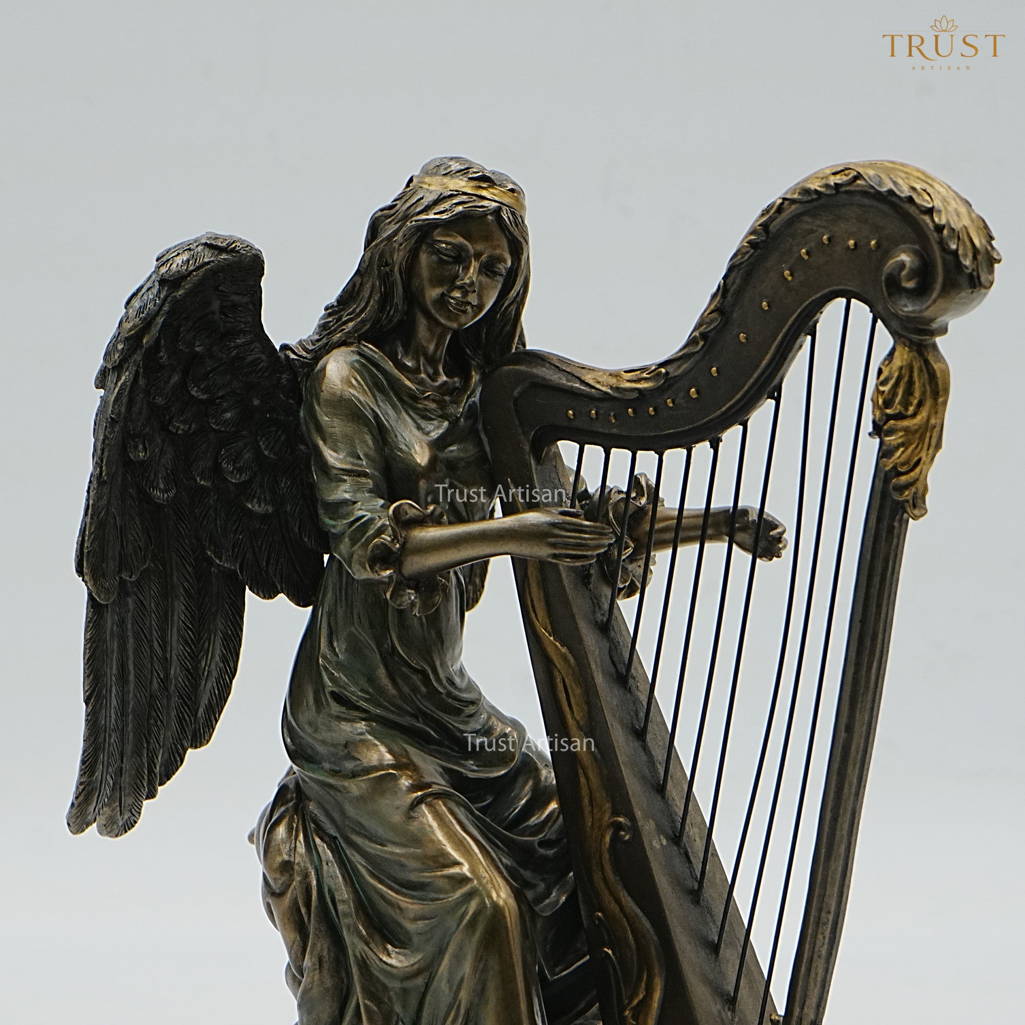 Angel Playing Harp Resin Statue | Winged Angel Figurine Seated on Clouds for Home Décor & Gifting