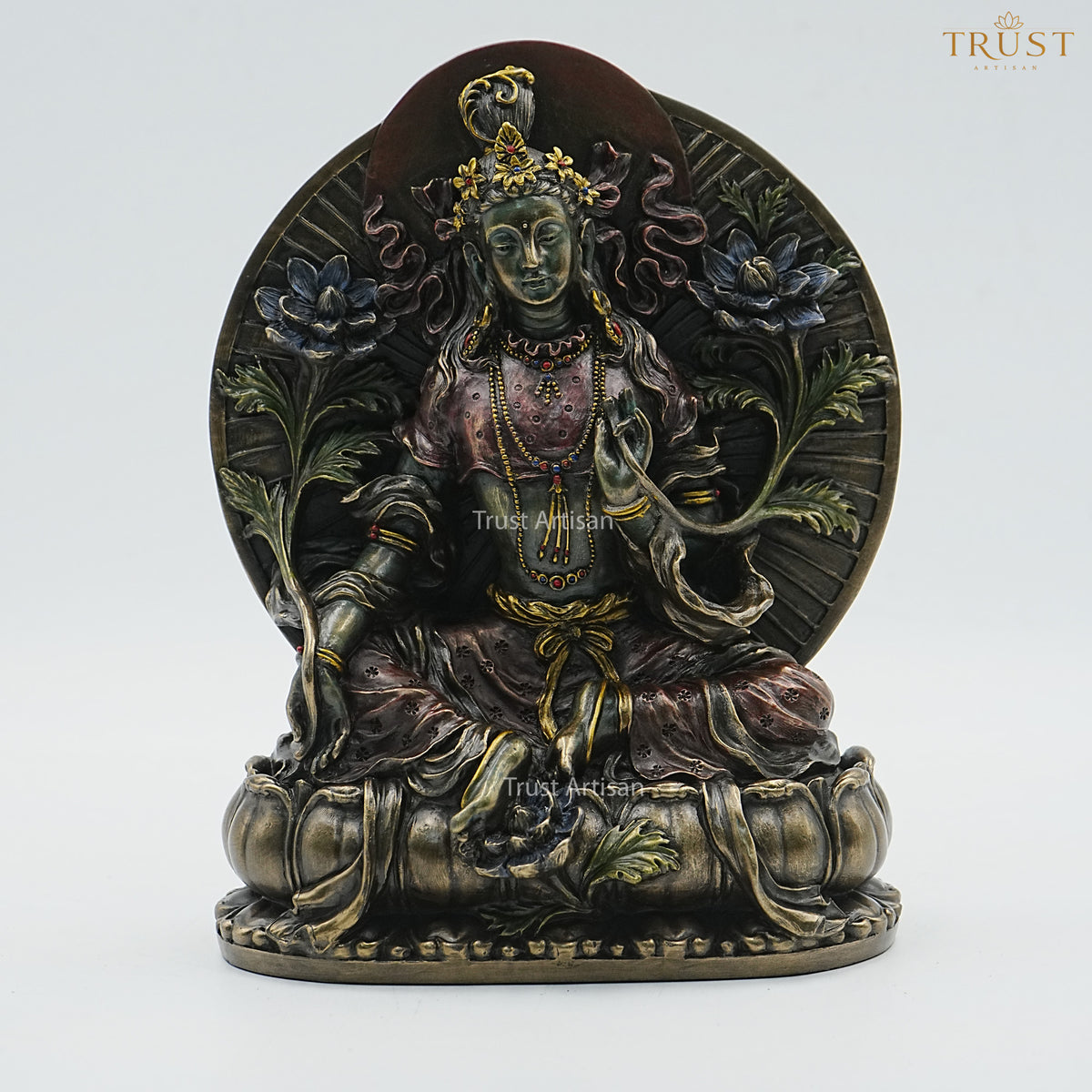 Handcrafted Resin Green Tara Idol – Buddhist Goddess Seated on Lotus Throne with Radiant Halo, Antique Bronze Finish for Meditation Room & Home Altar