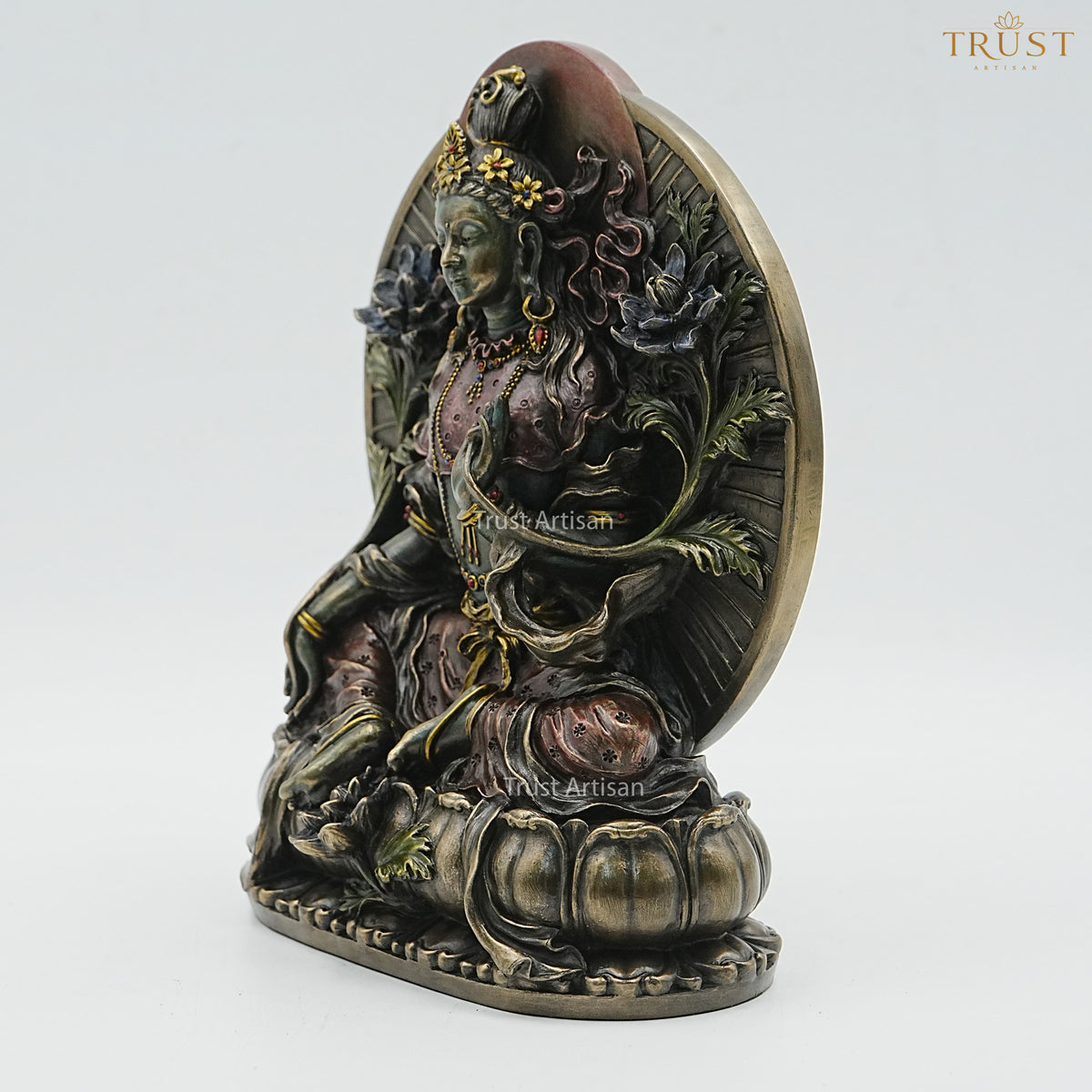 Handcrafted Resin Green Tara Idol – Buddhist Goddess Seated on Lotus Throne with Radiant Halo, Antique Bronze Finish for Meditation Room & Home Altar