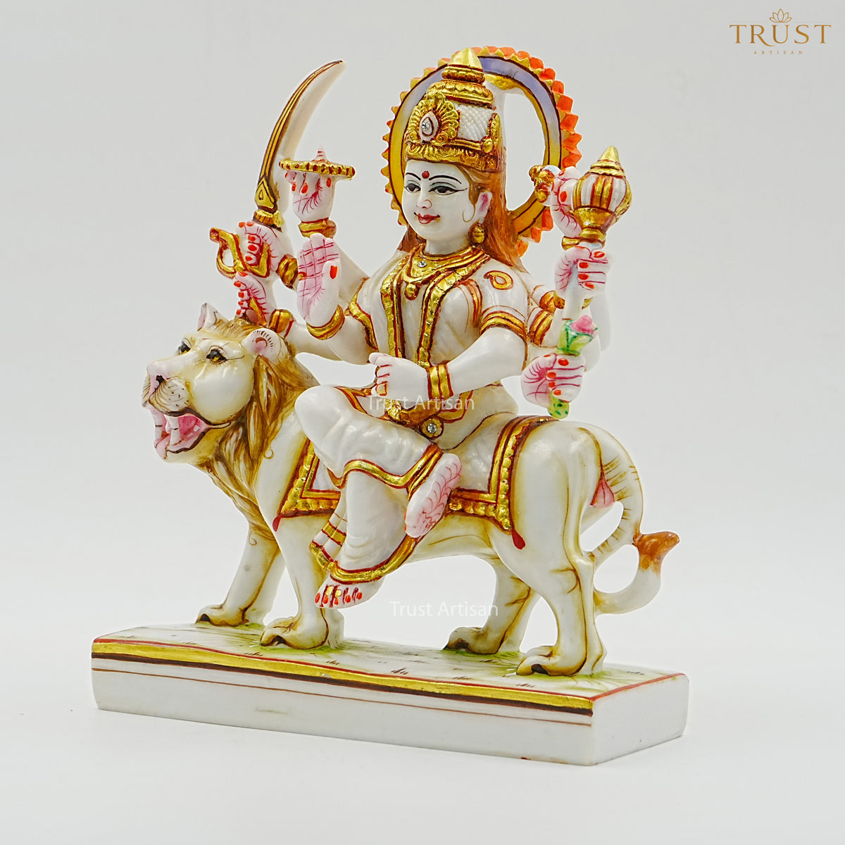Handcrafted Resin Goddess Durga Statue | Ashtabhuja Durga Seated on Lion with Hand-Painted Gold Detailing for Pooja & Home Temple Décor