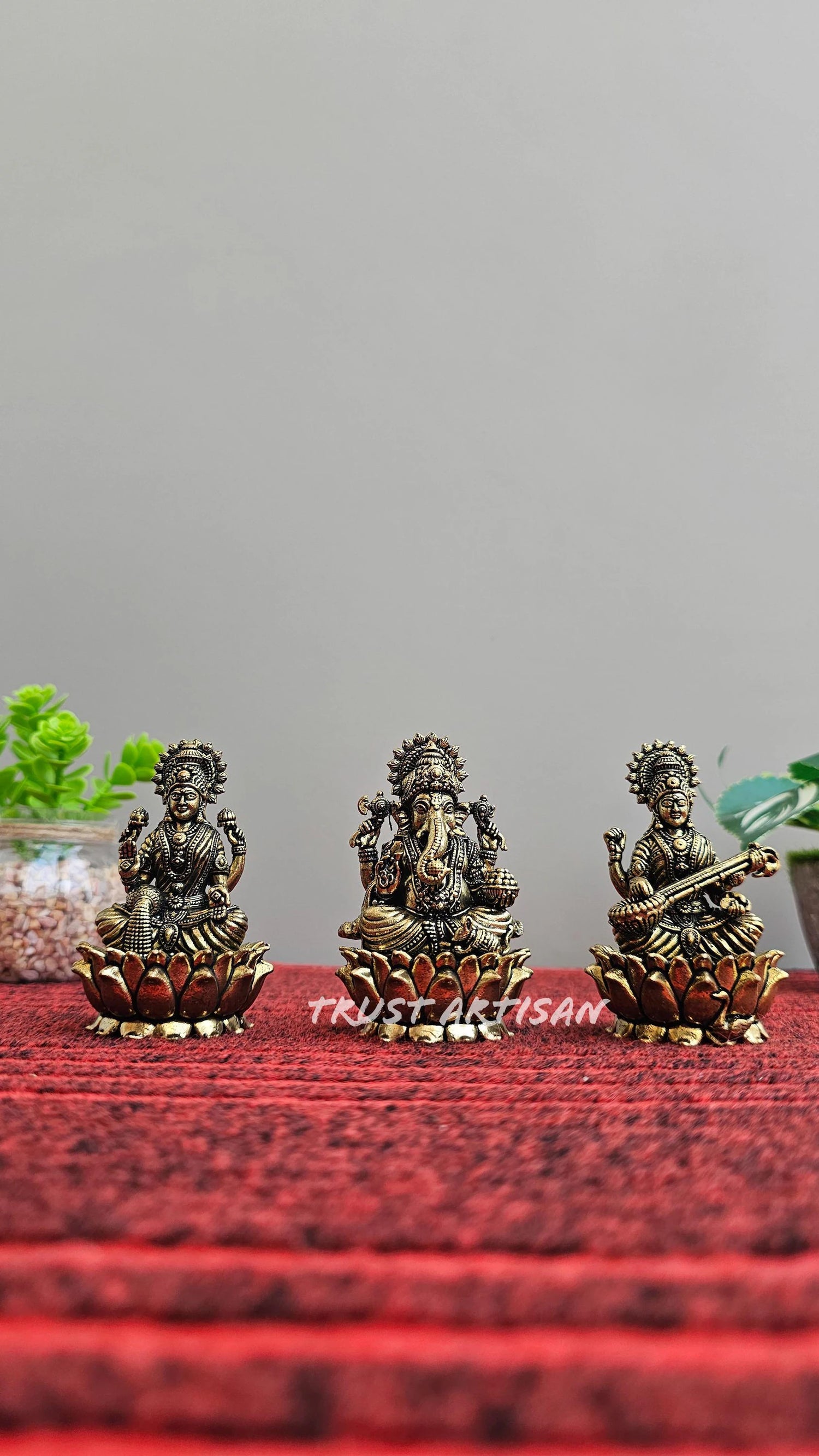 Handcrafted Superfine Brass 3"Inch Brass Lakshmi Ganesh Saraswati Idol Set, Lakshmi Ganpati Saraswati for Mandir, Mini Temple Decoration set