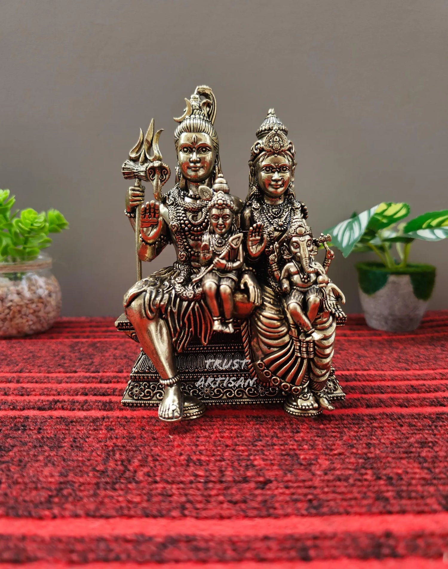 Superfine Brass Shiv Parivar Statue Lord Shiva, Parvati, Ganesha & Kartikeya Seated Idol, Lord Shiva Family Idol for Pooja, Vastu Decor.