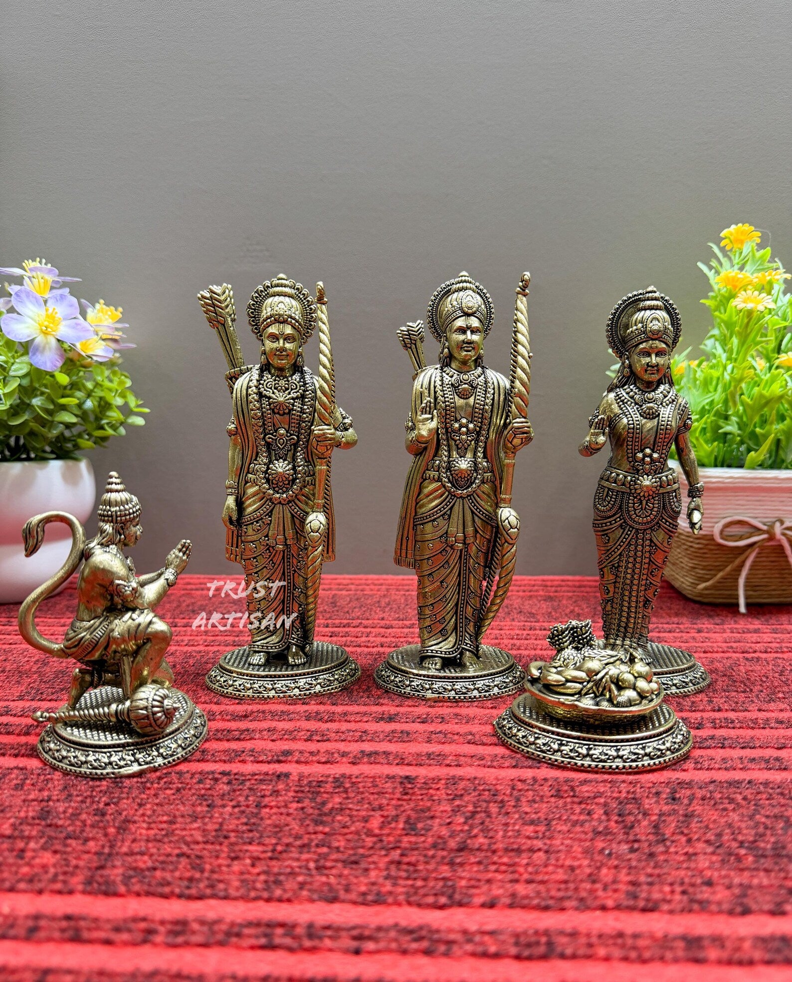 Handcrafted Brass Ram Darbar Set 7" Inch , Lord Ram Family Idol with Hanuman, Ram Lakshman Sita with Hanuman, Ram Darbar Murti Set.