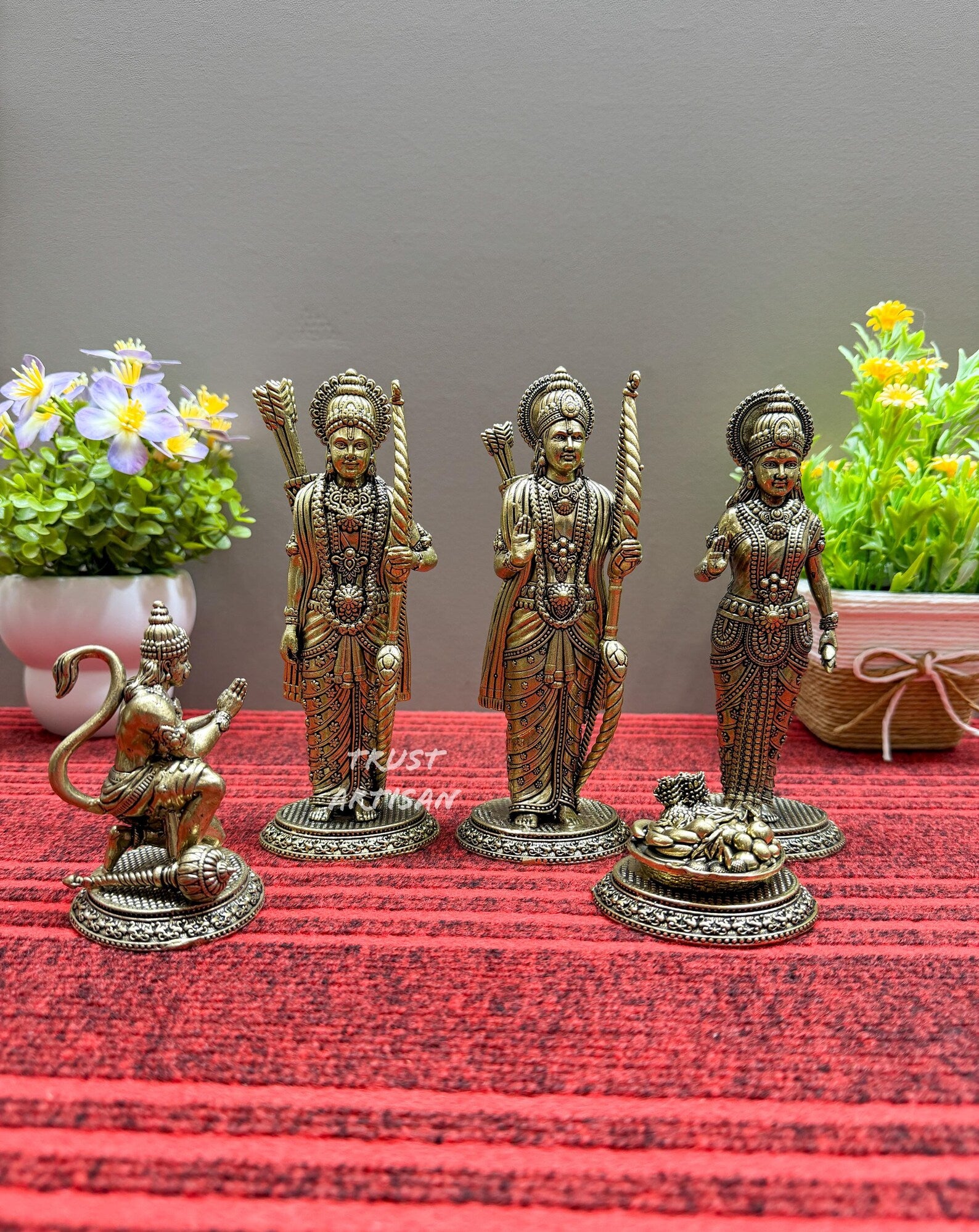 Handcrafted Brass Ram Darbar Set 7" Inch , Lord Ram Family Idol with Hanuman, Ram Lakshman Sita with Hanuman, Ram Darbar Murti Set.