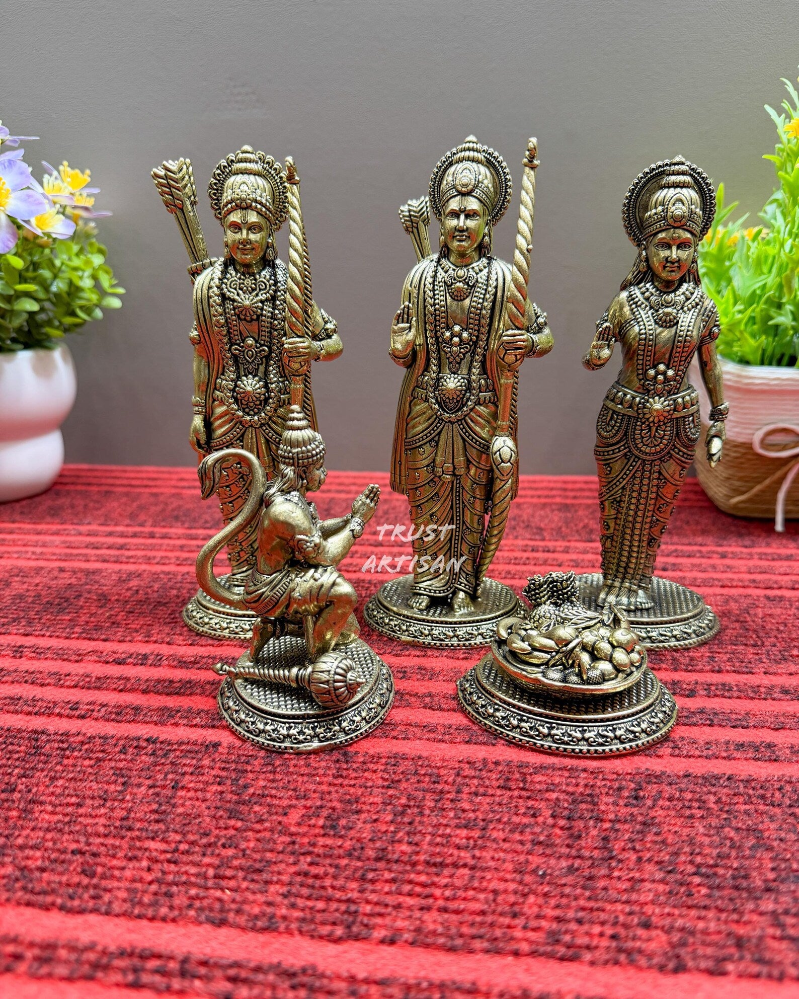 Handcrafted Brass Ram Darbar Set 7" Inch , Lord Ram Family Idol with Hanuman, Ram Lakshman Sita with Hanuman, Ram Darbar Murti Set.
