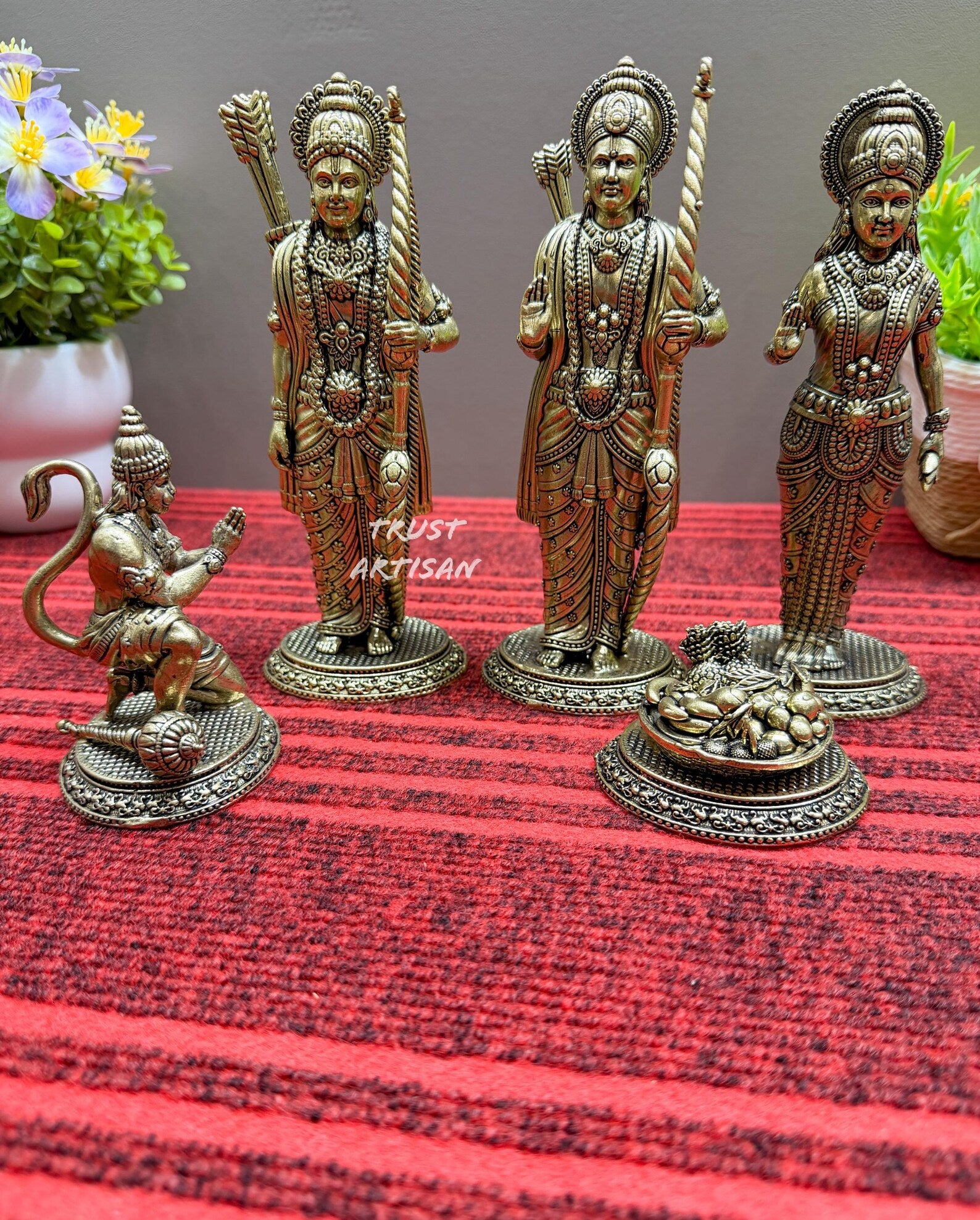 Handcrafted Brass Ram Darbar Set 7" Inch , Lord Ram Family Idol with Hanuman, Ram Lakshman Sita with Hanuman, Ram Darbar Murti Set.