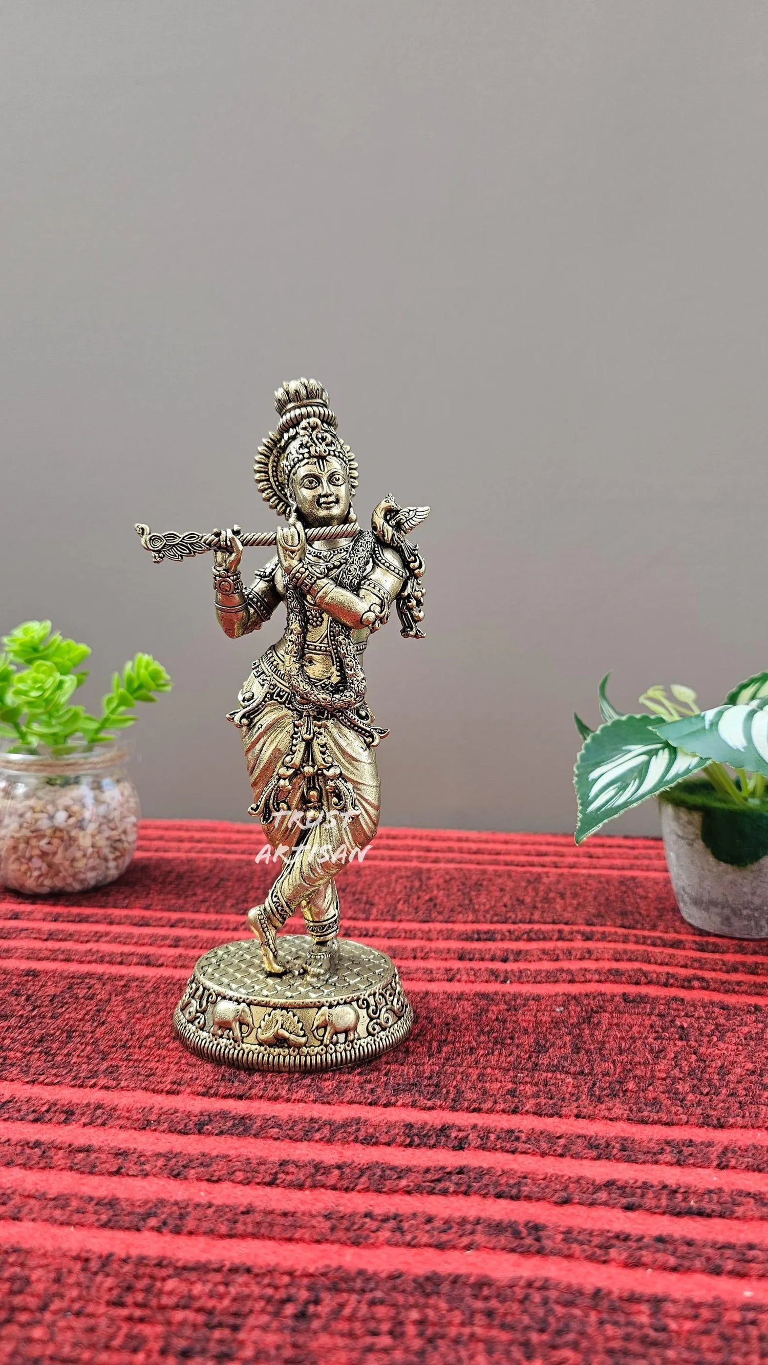 Handmade 7.5" Brass Lord Krishna Statue, Standing Krishna Idol for Home Temple & Spiritual Decor Dancing Krishna Idol for Puja Room Bansuri.